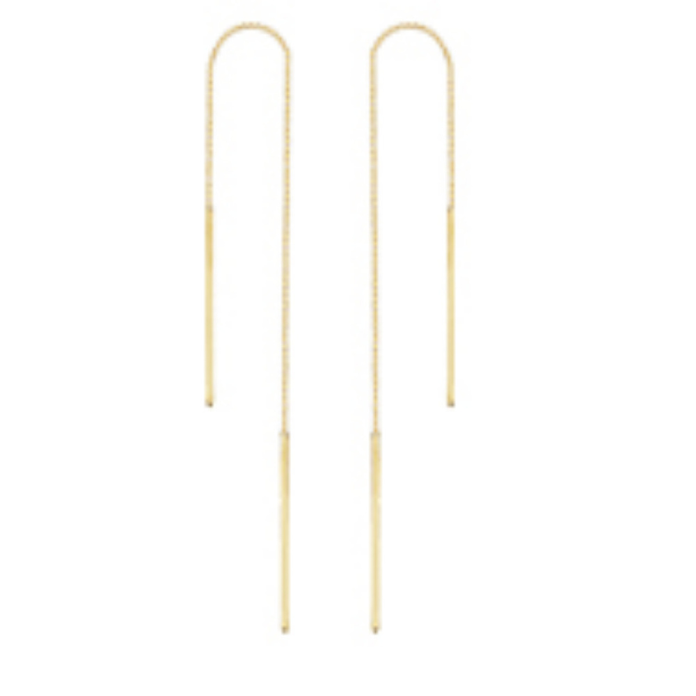 14K Solid Gold Bar Box Chain Threader Earrings - Picture 1 of 3